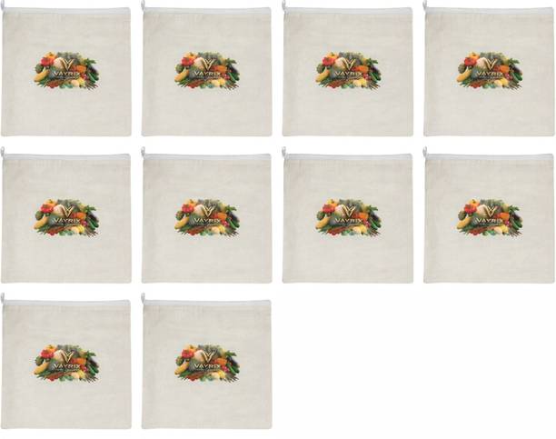VAYRIX Durable Cotton Zipper Bag for Fresh Vegetable Storage Pack of 10 Grocery Bags