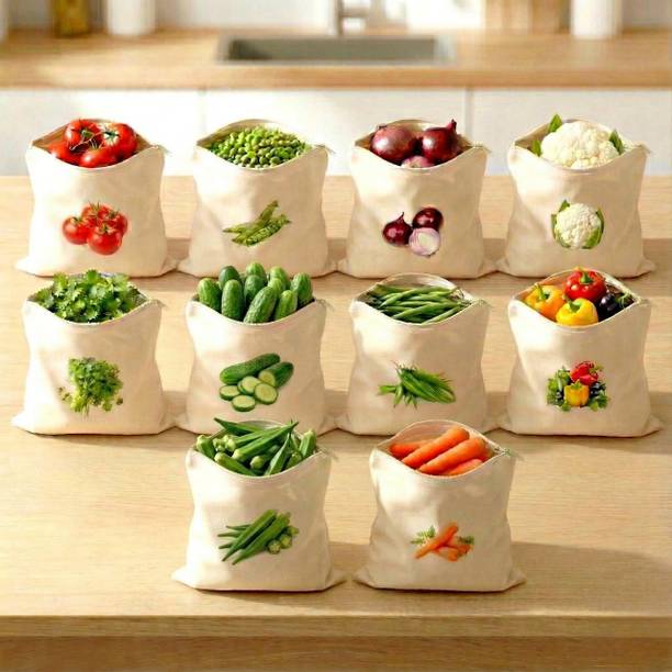 ARPORA Cotton Vegetable Storage Bags for Fridge Reusable Pack of 10 Grocery Bags