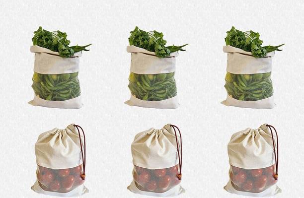 FAB ELLITE Cotton Vegetable Sabji Bag Kitchen Veg Freez Storage Pouch for Fridge Washable . Pack of 6 Grocery Bags