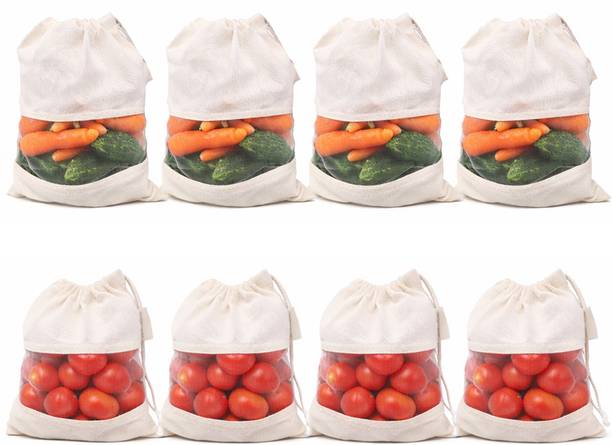 ZEN HOME ZEN HOME Cotton Fridge Storage Bags with Mesh Window Pack of 8 Grocery Bags