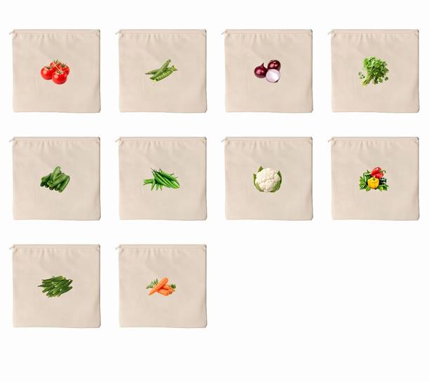 sadseliya Reusable Cotton Vegetable Storage Bags with Zipper Pack of 10 Grocery Bags