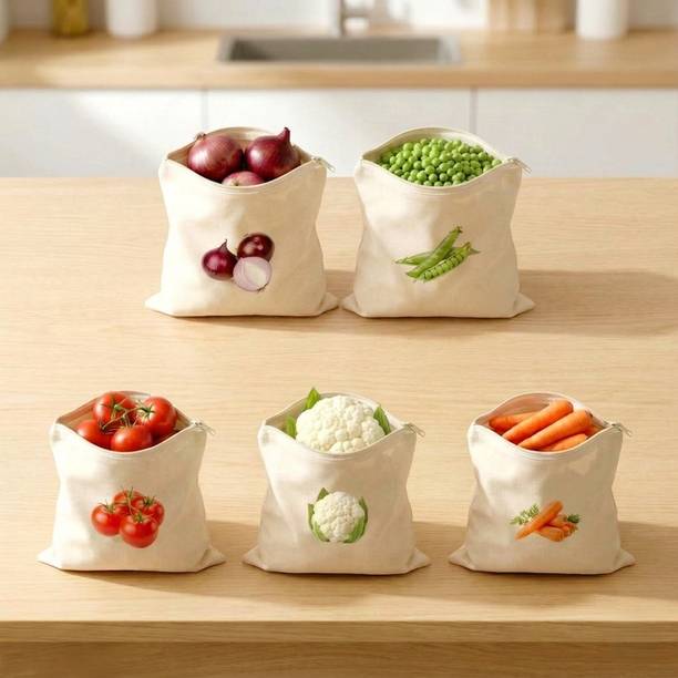 DRYVIK 100% Cotton Reusable Vegetable Bags for Fridge | Kitchen Vegetable Zipper Bags | Cotton Fruit & Vegetable Basket