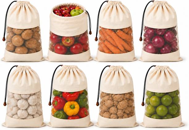 SCOTMEN Reusable Cotton Mesh Vegetable Storage Bag Pack of 8 Grocery Bags