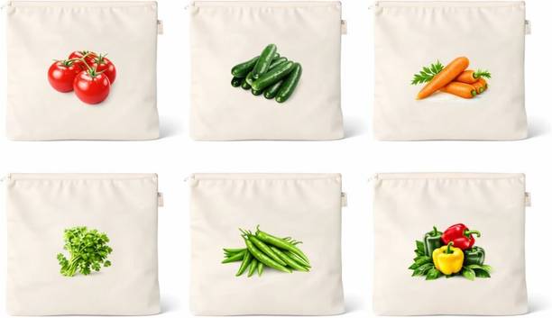 Mozarto 100% Cotton Reusable Vegetable Storage Bags Pack of 6 Grocery Bags