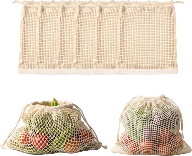 Wrapzy Reusable Cotton Mesh Produce Bags Vegetable Bags for Fridge Pack of 6 Grocery Bags