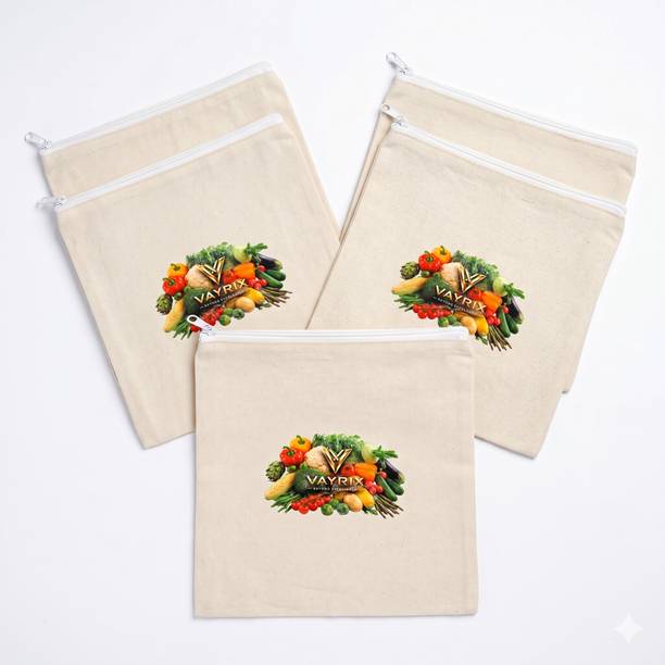 VAYRIX Pack of 5 | Cotton Fridge Vegetable Bag | Eco Zipper Storage Bag | 12X12 Inches Pack of 5 Grocery Bags