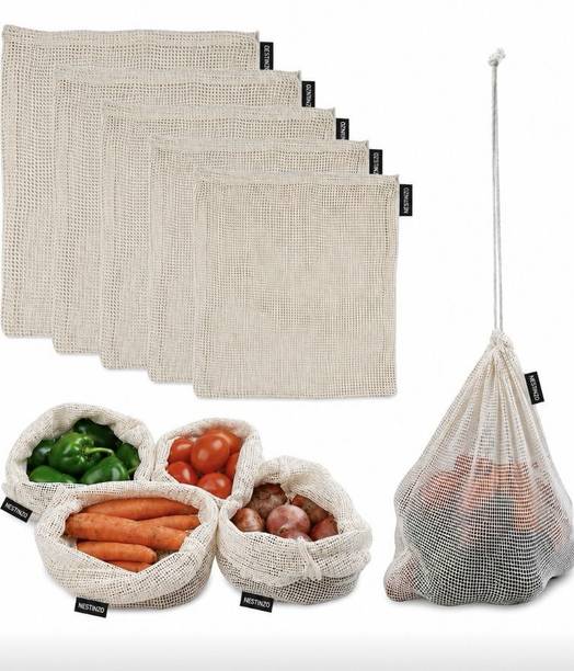 Nestinzo Mesh Fridge Storage Bags| Reusable Eco-Friendly Drawstring Vegetable, fruits Pack of 6 Grocery Bags