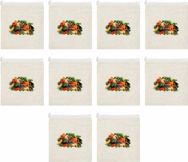 VAYRIX Durable Reusable Cotton Zipper Bag For Fridge Vegetables | 10 Pcs | Eco Bag