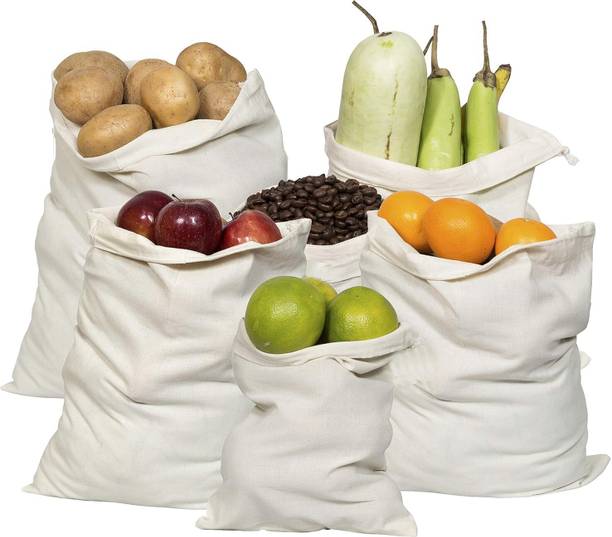 RENVA Premium Cotton Canvas Muslin Bag for Vegetable and Fruits Pack of 6 Grocery Bags