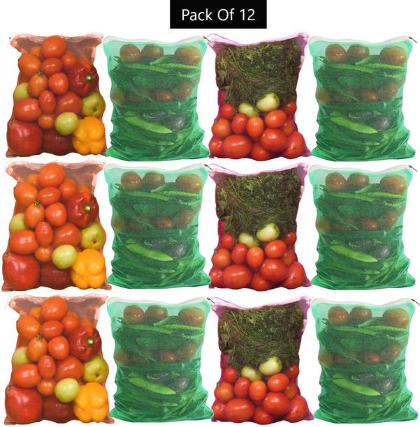 DALUCI Multi-purpose Vegetables Fruits Mesh Fridge Storage Washable Zip Bags Pack of 12 Grocery Bags