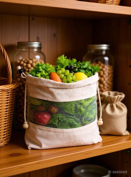Mooz Pack of 8 Cotton Mesh Vegetable Storage Bags for Refrigerator & Grocery Pack of 8 Grocery Bags