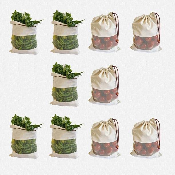 FAB ELLITE Cotton Vegetable container Bag Kitchen reusable Storage Pouch for FridgeWashable Pack of 10 Grocery Bags