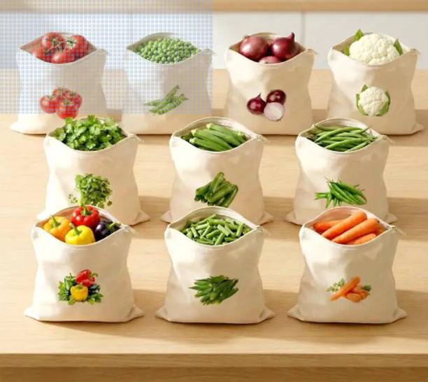ABC 10Pcs Vegetable Printed Cotton Bags for Fridge Pack of 10(MultI) Pack of 10 Grocery Bags