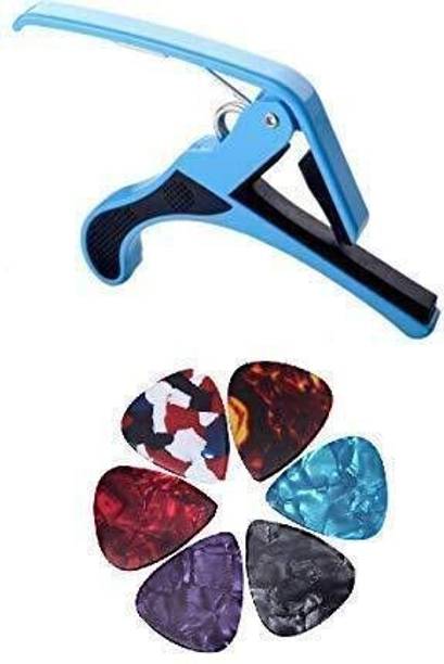 Gracecharm Guitar Picks Guitar Trigger Capo Key Clamp with 6 Pcs Picks, Blue Spring Guitar Capo