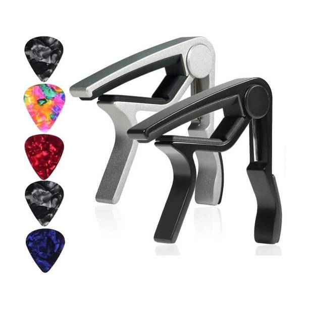 DawnRays 6 String Guitar Capo Classical Trigger Capo Single-handed Guitar Capo For Acoustic Guitar, Classical Guitars Bass, Ukulele, Banjo and Mandolin With 5 picks – Pack Of 2 Clutch Guitar Capo