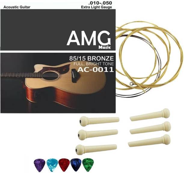 AMG Music Acoustic 6 Guitar String Set with Picks and Guitar Saddle Pins For Acoustic Guitar Guitar String