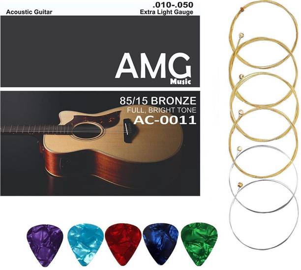 AMG Music Acoustic Guitar String for Acoustic Guitar Light Stainless Steel String Set 6 WITH NORMAL BRIGHT TONE Guitar String For Acoustic Guitar Guitar String Set with picks( Set of 6 ) Guitar String