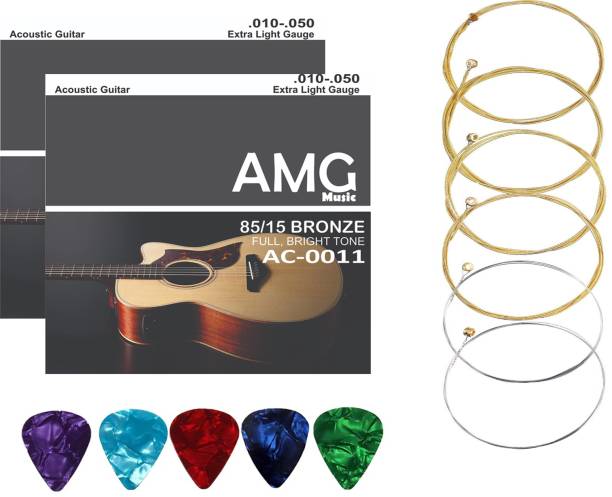 AMG Music Acoustic Guitar String Set Light Stainless Steel String Set 6 With Picks Bright Tone Guitar String
