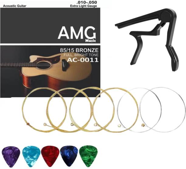 AMG Music Acoustic Full Acoustic Guitar String Set With Capo For Acoustic Guitar, Electric, Ukulele Guitar String