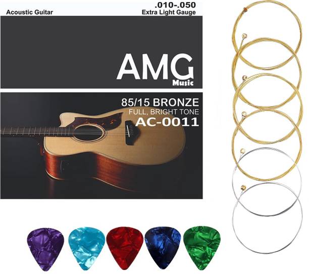 AMG Music Acoustic Guitar String for Acoustic Guitar Light Stainless Steel String Set 6 WITH NORMAL BRIGHT TONE Guitar String For Acoustic Guitar Guitar String Set with picks( Set of 6 ) Guitar String