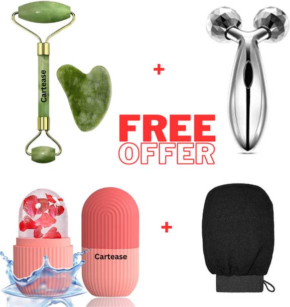 CartEase Corner 4 Pcs Combo of Ice Roller, Facial Massager Stone, 3D Body Massager, Bath Glove