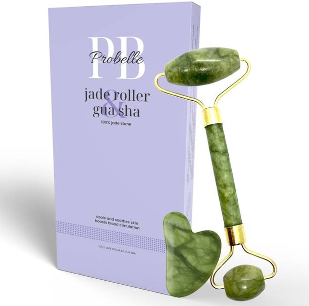 Probelle 100% Natural Jade Gua Sha & Roller Set - Cooling Face Massager for Glowing Skin, Sculpting & Puffiness Reduction Massager