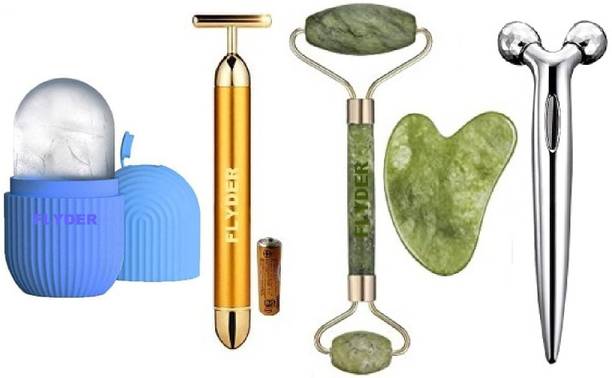 FLYDER 1-Psc.Face Ice Roller,1-Psc.3D Massager,1-Psc.Jade Roller,1 Pic.T-Massager Face ice roller,Jade Roller100% Natural Stone,T-Massager with 3D Massager Roller Massager