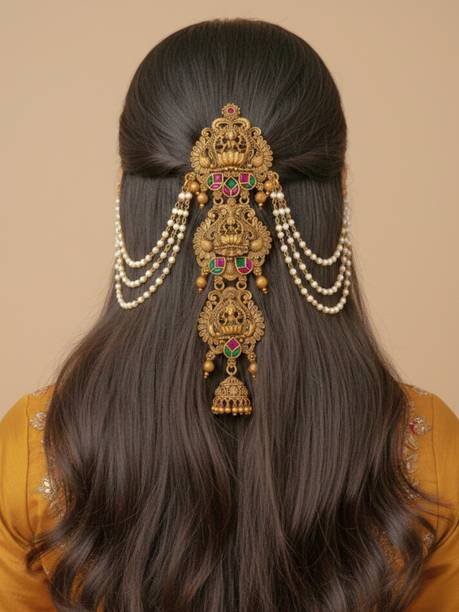 JWELLA Traditional Antique Gold Finish Bridal Choti Hair Accessory Hair Pin