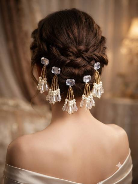 JBGSHOP 5 PCS Silver Stone & Pearl Hair Accessories Set for Women Bridal Bun Pins Hair Pin