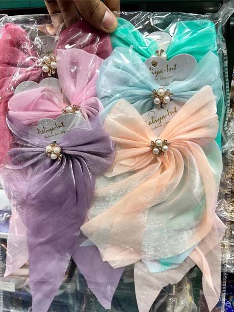 AALIYA INTERNATIONAL Pearl and Crystal Flower Hair Clips, Pastel Organza Bow Design, Set of 6 Hair Clip