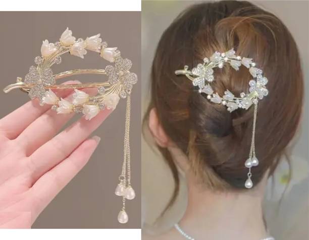 OLLIVOO Flower Hair Dahlia Clips with Tassel Metal Pearl for Thick Long Hair Women Banana Clip