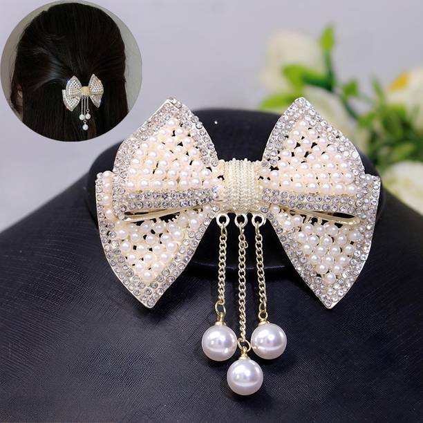 दृशमन Golden Crystal Bow Hair Clip- Elegant Rhinestone clip with Pearl Tassels