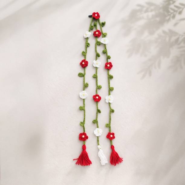LITTLE PALM Handmade Crochet Floral Paranda for Women | Red And White Tassel Hair Accessory Hair Accessory Set