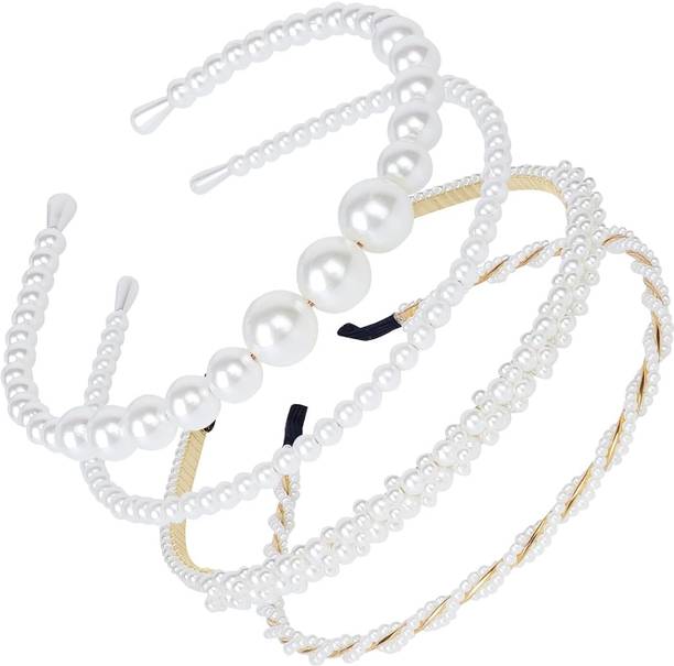 Mana 4 Pack Pearls Fashion Headbands,White Artificial Pearl Rhinestones Bridal Hair Band
