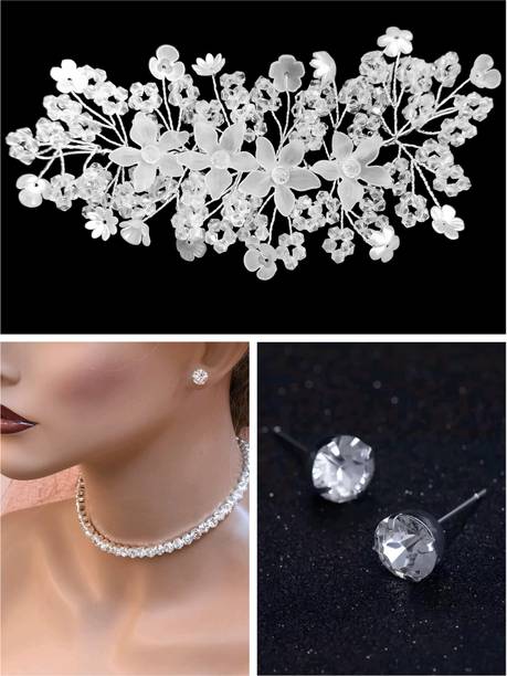zainab White Hair Tiara for Women & Girls with Single Line Ad Choker Necklace Set Hair Accessory Set
