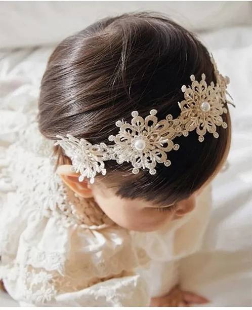 EvoNest Golden Pearl Floral Baby Girl Headband Soft Elastic Hairband 6-12 Months Head Band