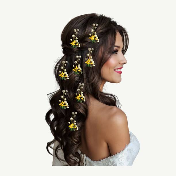AccessoZone Marigold Yellow Pearl Hair Pins for Women & Girls – Pack of 8 Hair Accessory Set