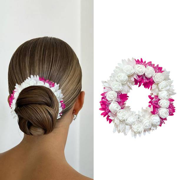 D-DIVINE Artificial Bridal Rose Petal Flower Tiara Gajra Hair Juda For Women (Pink) Hair Accessory Set