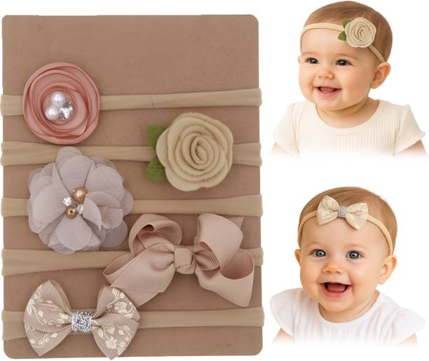 SYGA 5 Pcs Flower & Bow Stretchable, Nylon Headband for Newborn Infant Toddlers Baby Head Band