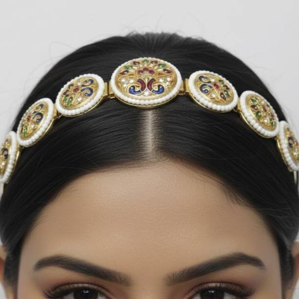 दिव्याजेवेल्स Vintage Jadau Metal Hairband Gold-Toned with White Enamel, Crystal & Ruby