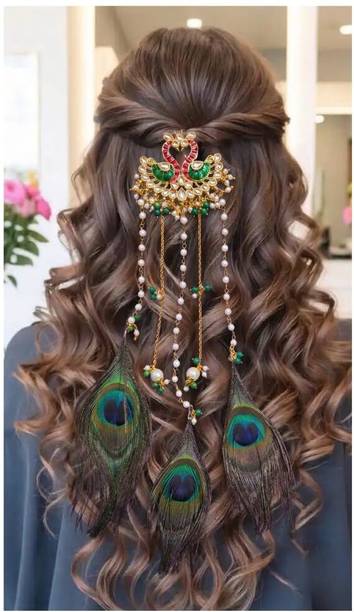 VECHAN Gold-Plated Peacock Jada Billa - Bridal Mor Pankh Hair Jewelry with Pearls Hair Pin
