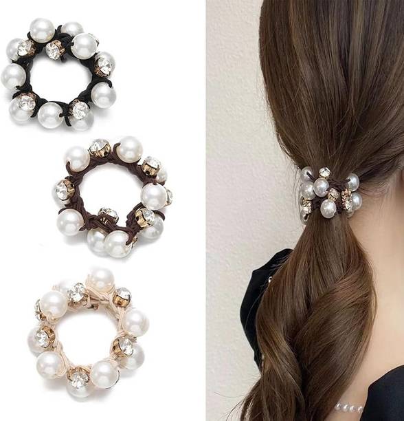FRESCORR Pack of 3 Pearl & Crystal RhineStone scrunchies,Hair Ties, Ponytail Holder Rubber Band