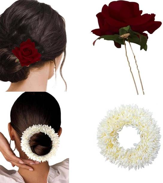 CHOTALIYA Traditional Bridal Hair Accessories Set 1Pcs Red Rose Hair Pin and 1Pcs White Hair Pin