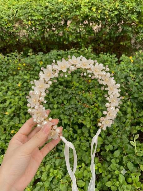 TRIVYOM Pearl Flower Tiara Hair Band for Women & Girls Bridal Wedding Crown (Pcs-1) Hair Band