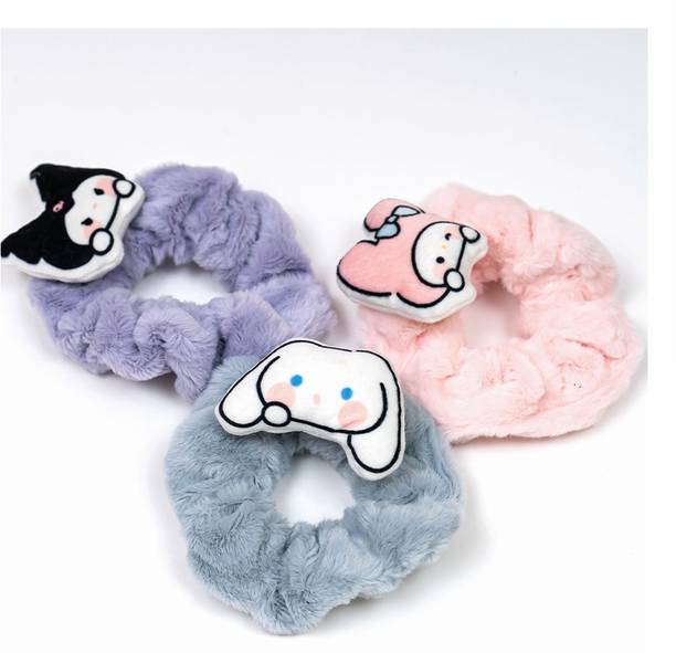 Hair Drama Co Fluffy Fur Hair Scrunchies-Cartoon Scrunchies-Korean Scrunchies-Set of 3 Hair Band