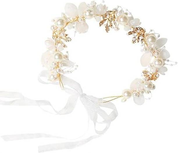 Diversa Princess Pearl & Leaf Tiara Headband, Adjustable Flower Crown for Girls, 15 cm Head Band