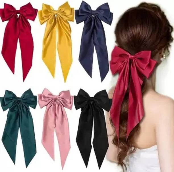 BRIJBAZAAR 6 Pieces Large Satin Hair Bows for Girls Silk-Stylish French Bow Rubber Band