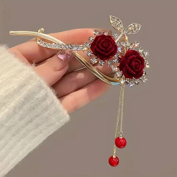 Ashkash 1 Piece Elegant Cherry Blossom and Red Rose Design Twist Hair Clip Banana Clip