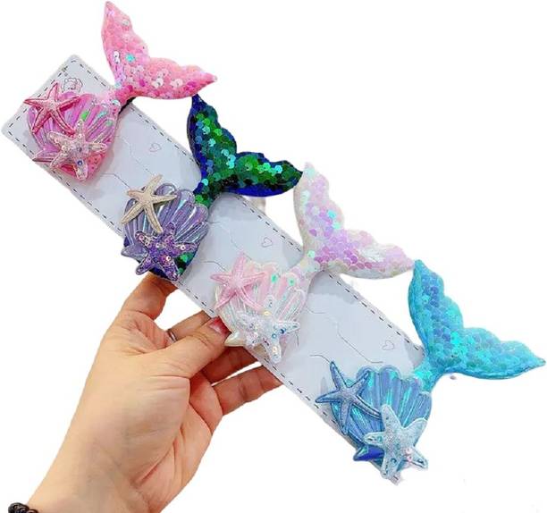 SAMYAK 4 Pcs Princess Mermaid Seashell Sequin Sparkled Barrettes Accessories For Kids Hair Clip