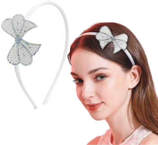 Lykaa Elegant Hairband with Faux Pearl Elastic Hair Hoops Rhinestone Bow - (Pack of 1) Hair Band